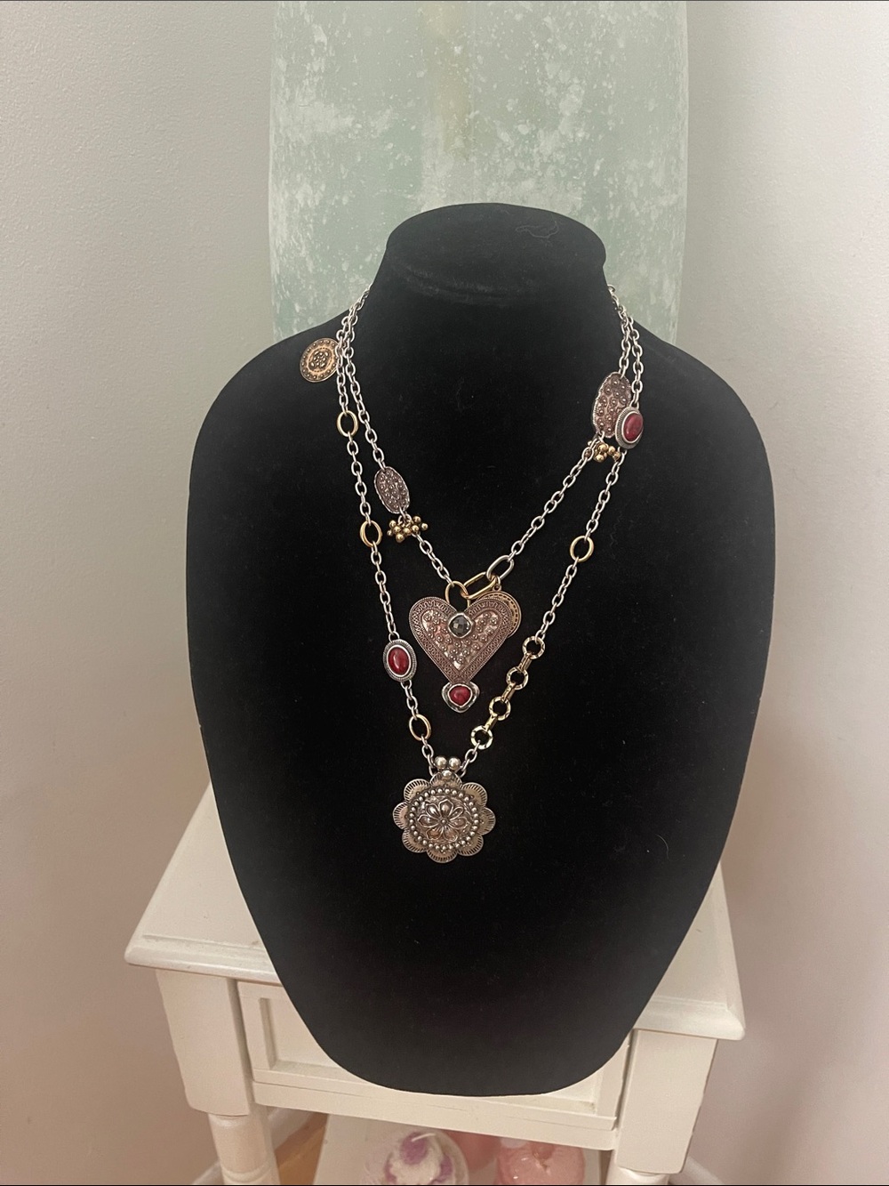 Zara Vintage-Inspired Silver Tone Heart & Floral Pendant Necklaces